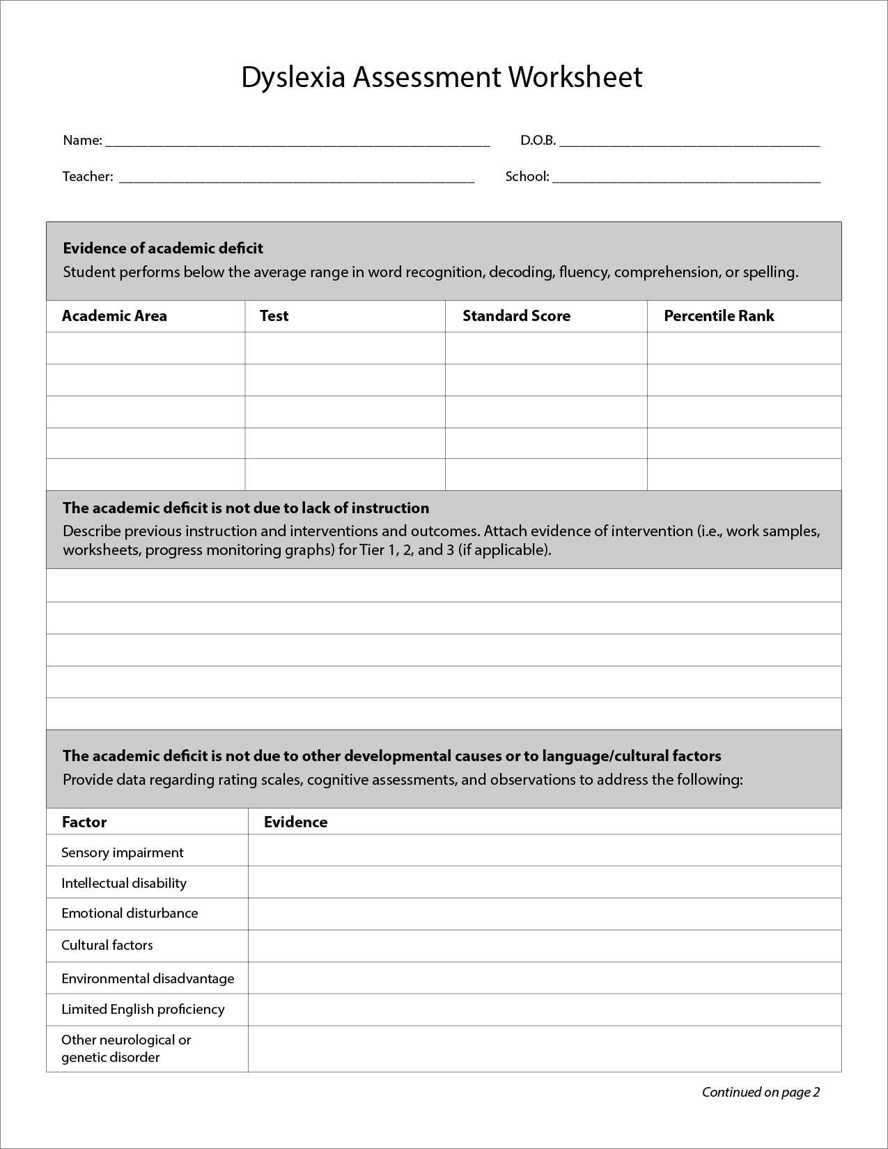 Dyslexia assessment form